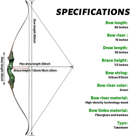 60'' Black Hunter Takedown Recurve Bow 20-60Lbs Archery Practice Target AAA Archery&Armor